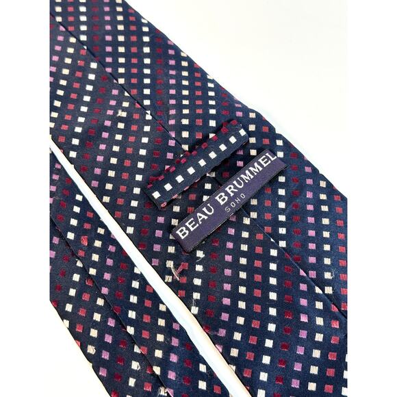 Beau Brummel Soho Silk Tie Navy Purple White Square Pattern Handmade Men’s - Picture 4 of 9